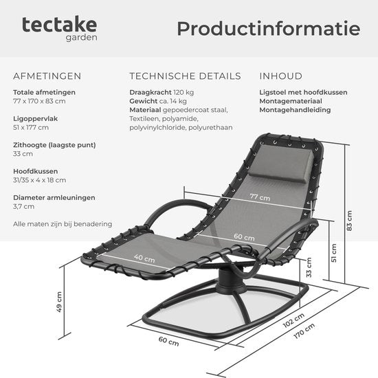 tectake® - Chaise longue Toulon - Fauteuil de jardin ergonomique avec fonction balançoire - Chaise longue réglable pour jardin, terrasse, balcon avec coussin pour la tête et accoudoirs confortables - Capacité de charge 120kg - Gris