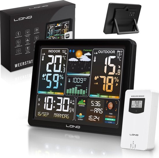LONQ Station météo intérieure et extérieure Q5 - Piles incluses - Station météo sans fil avec capteur extérieur - Thermomètre Hygromètre - Affichage couleur - Horloge contrôlée par DCF