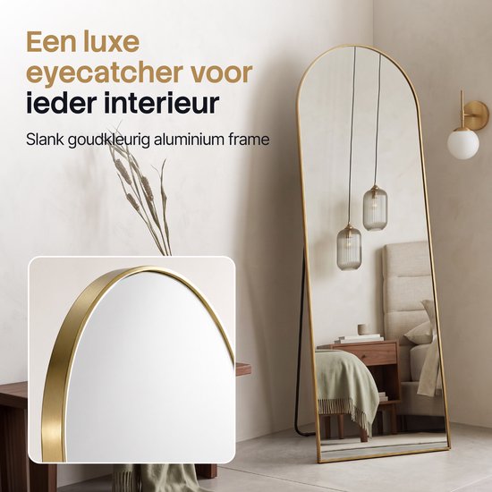 Miroir Infinity Goods - 160 x 60 cm - Miroir mural design - Miroir sur pied avec cadre métallique - À suspendre - Miroir de dressing - Forme arrondie - Moderne - Doré