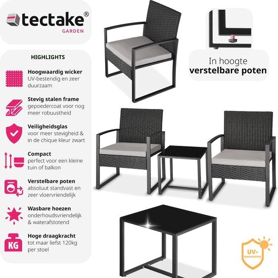 tectake® - ensemble de sièges en osier 2x fauteuils avec table, ensemble de meubles de balcon, meubles de jardin, meubles de balcon, petit salon, chaises rembourrées y compris table de jardin extérieure, résistant aux intempéries - noir - poly-rotin