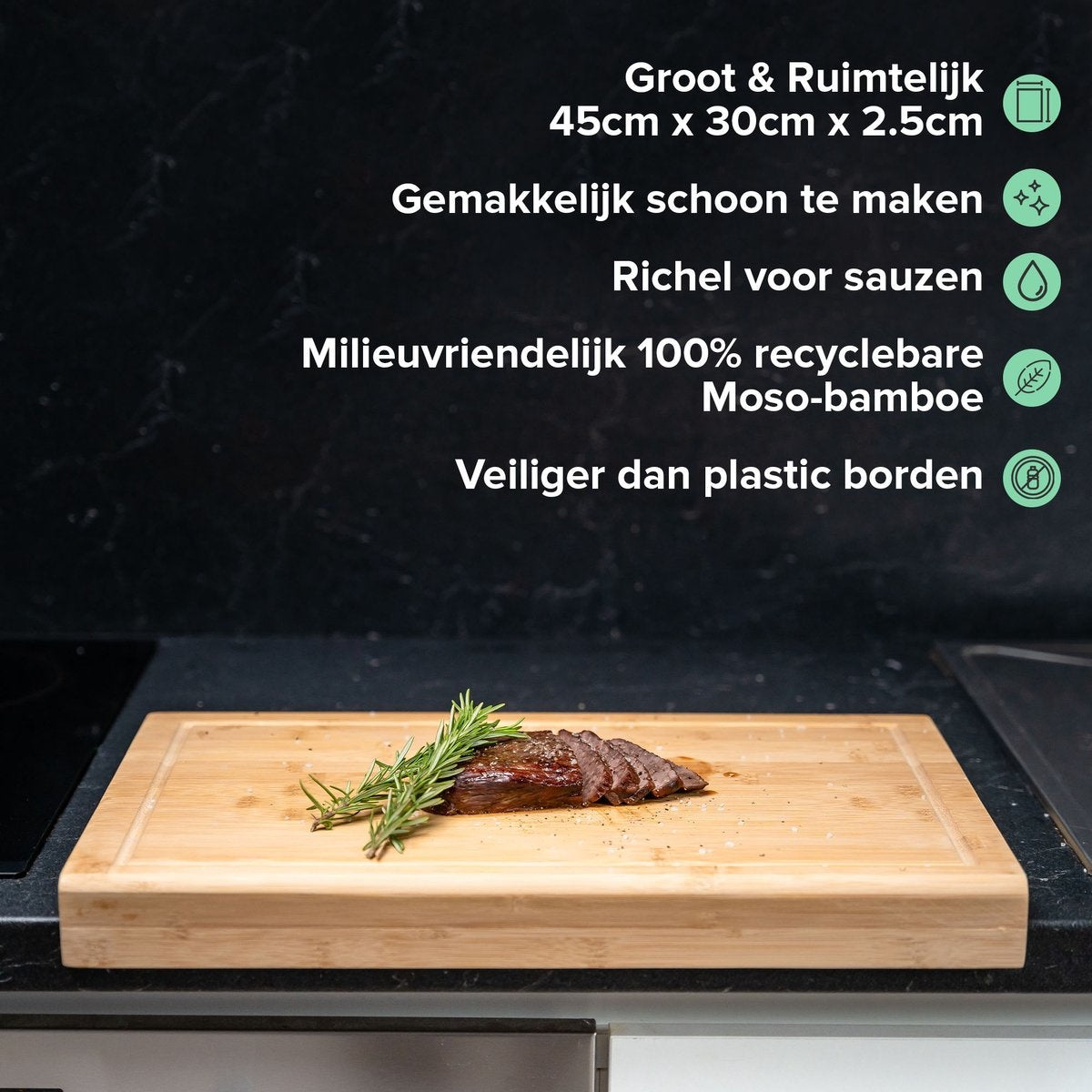 Planche à découper en bois Coninx pour plan de travail, comptoir ou table | Planche à découper avec bord de support et rainure pour jus de fruit | 45x30CM | 2,5CM Epaisseur | Bambou