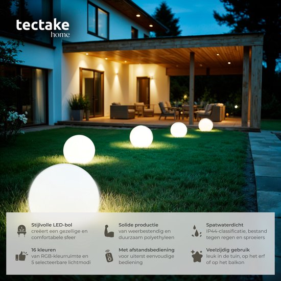 tectake® Ampoule de jardin - Ø50 cm - Ampoule sphérique LED d'extérieur avec télécommande - 16 couleurs et 5 modes d'éclairage - Eclairage de jardin résistant aux intempéries - Décorations de fête - Décoration de jardin - Source lumineuse incluse - Ampoul