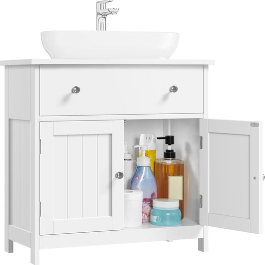 Meuble de salle de bains avec tiroir et 2 portes, style rustique, blanc, 60 × 30 × 60 cm