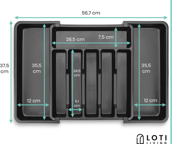 Loti Living Range-couverts - Organisateur coulissant pour tiroir à couverts - Plastique - Noir - Réglable de 33,3 à 56,7 cm de large - 38 cm de profondeur
