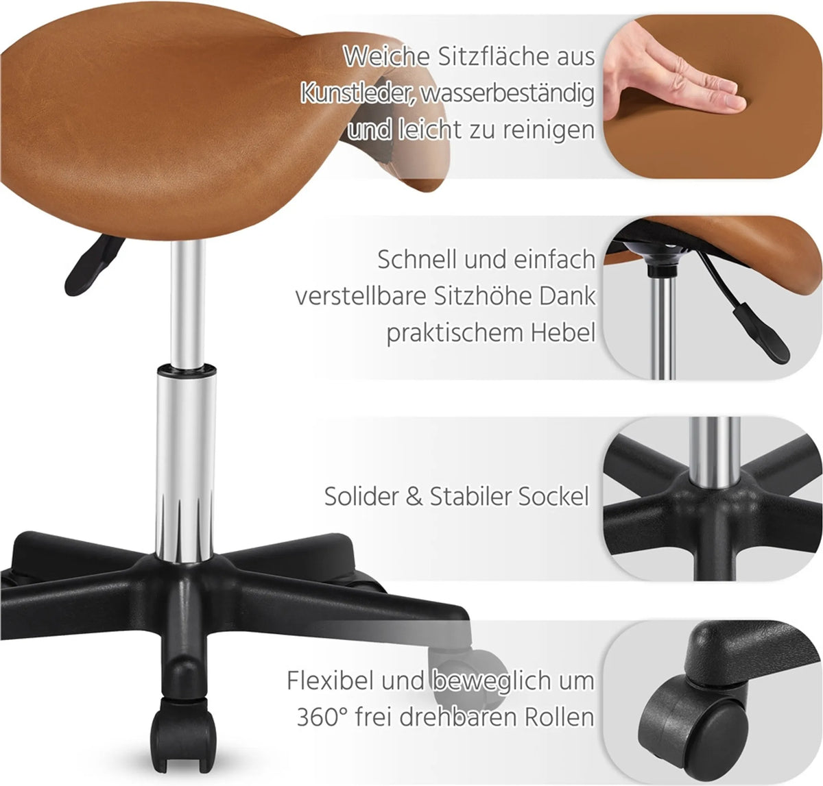 Yaheetech Tabouret de selle ergonomique - équipé d'un élévateur à gaz SGS réglable en hauteur et de roues en nylon pivotantes à 360° et d'une base chromée - pour salon de coiffure et cabinet - cuir synthétique PU marron rétro et métal - 50 x 50 x 45,5-60