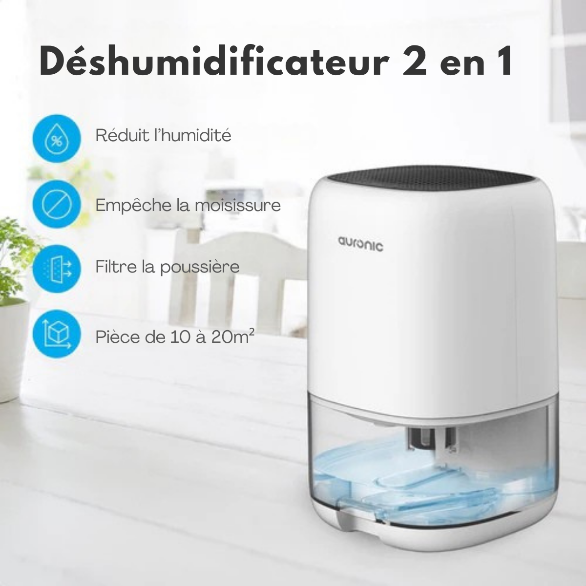 Déshumidificateur - Auronic - Jusqu'à 450ml par jour - LED - Convient salon, chambre et salle de bain - Blanc