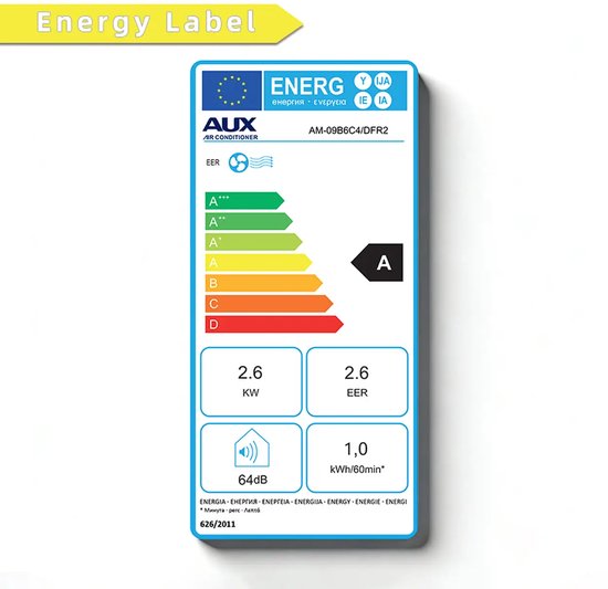 Climatiseur mobile AUX 3-en-1 9 000 BTU (jusqu'à 36 m²), classe énergétique A, Wi-Fi et télécommande, 4 modes, auto-amortissement, réfrigérant R290, filtre lavable, support de fenêtre inclus