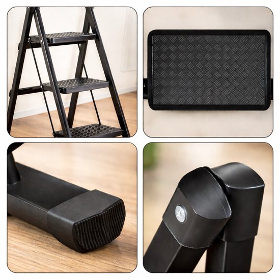 ToolX Household Ladders - Kitchen Ladders - Steel- 4 treads- Foldable - Anti-slip - Foldable - Black