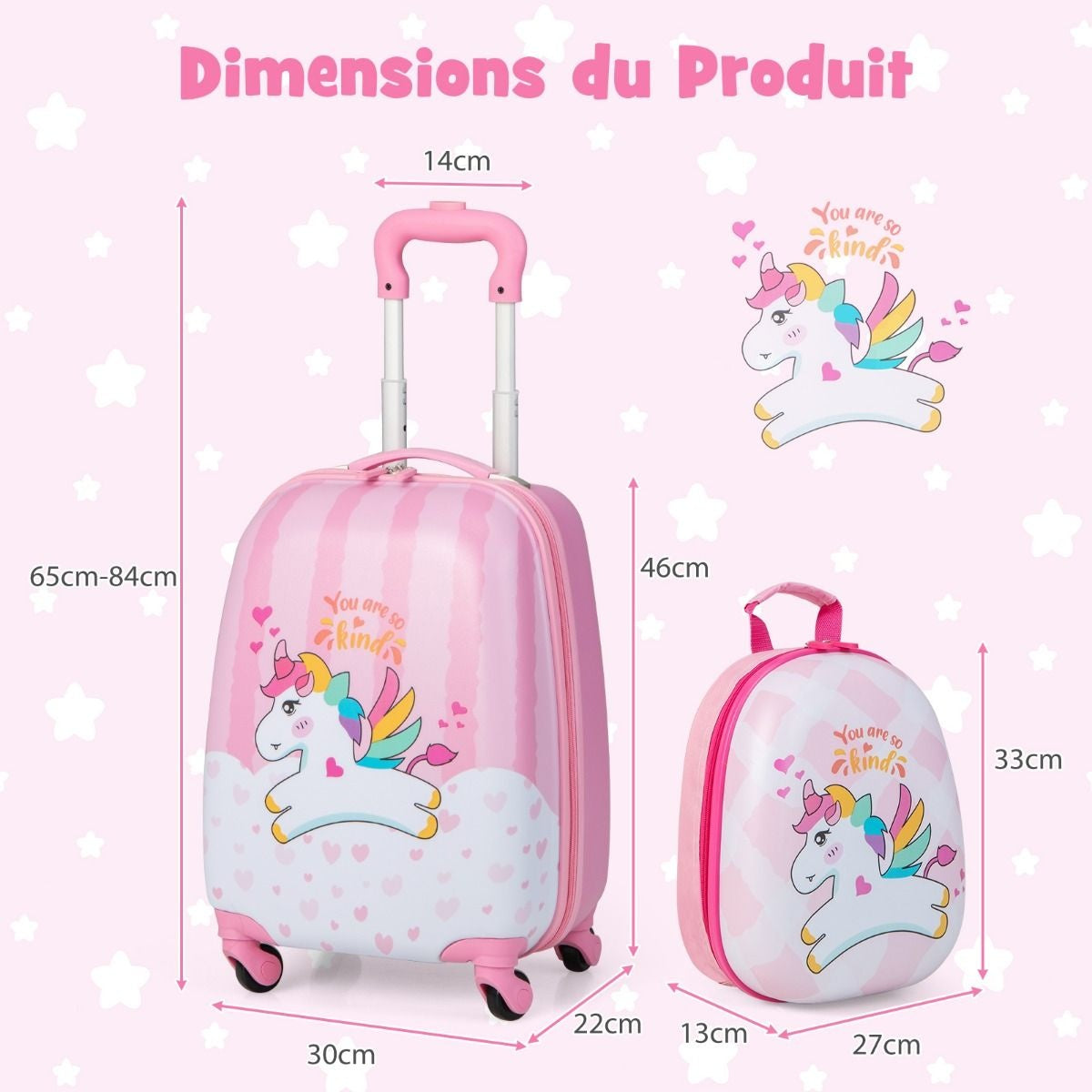 Coast valise + sac à dos pour enfants - licornes - 2 pièces - bagage à main - rose