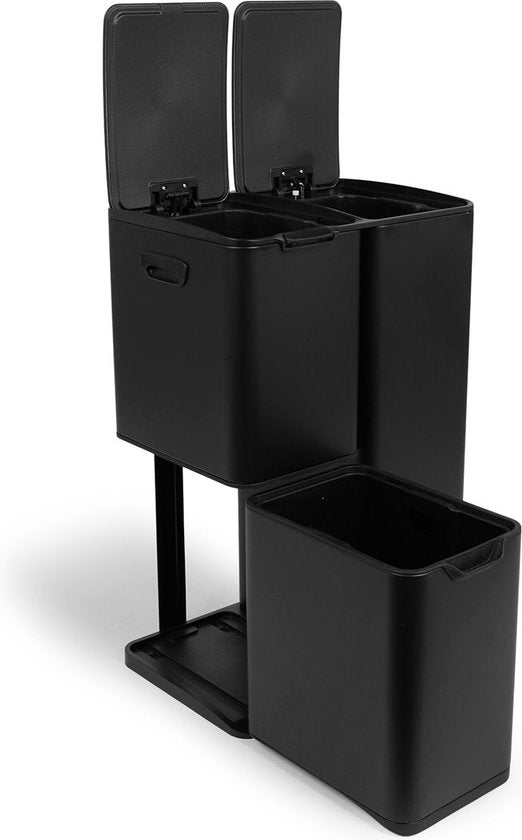 Umuzi Poubelle de nettoyage - 60L - Fermeture douce - Noir mat - Séparation des déchets 3 bacs - 47 x 39 x 72