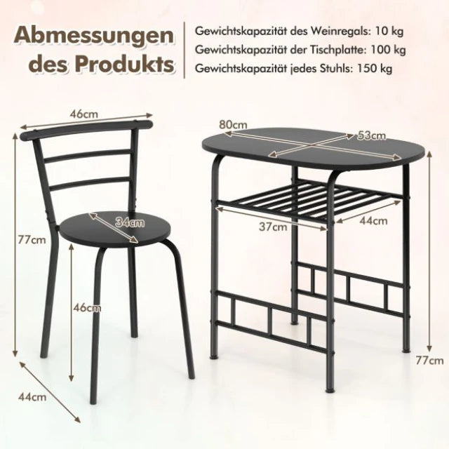 Coast Dining Table Set Black - 3-Piece Bar Table Set with 2 Chairs and Wine Rack - Table 80 x 53 x 77 cm