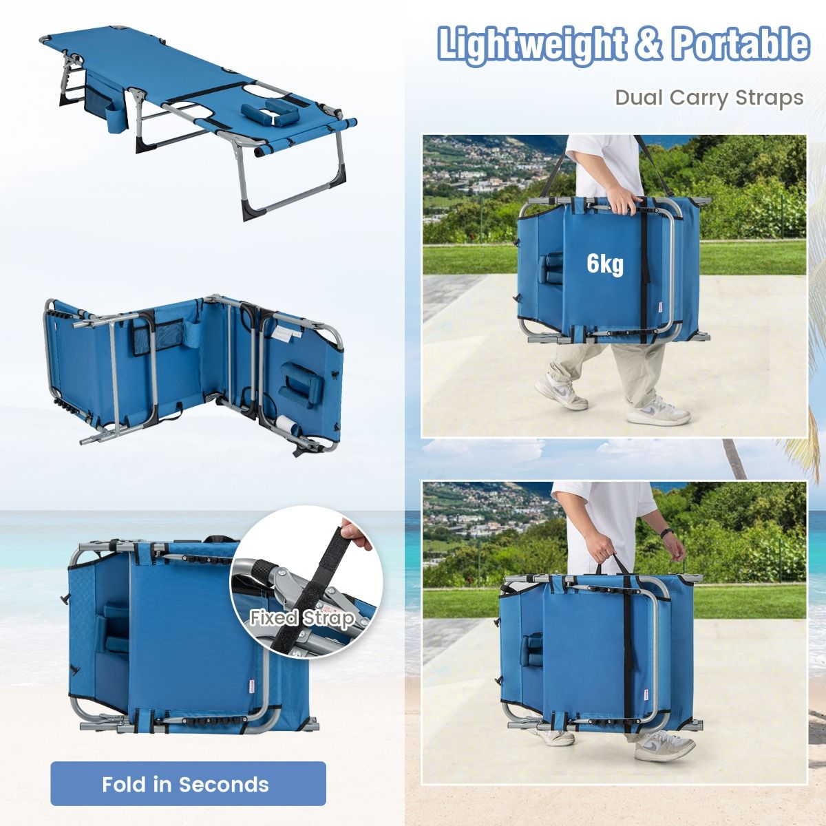 Bain de soleil COAST avec ouverture faciale - pliable - 193 x 60 x 34 cm - bleu