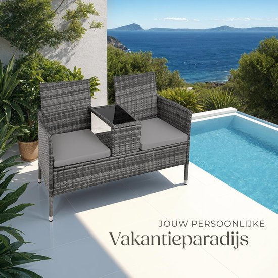 tectake® - banc de jardin en osier avec table, banc 2 places, 131 x 61 x 82 cm, banc pour balcon et terrasse, banc de jardin avec coussin d'assise - gris/gris clair - poly-rattan