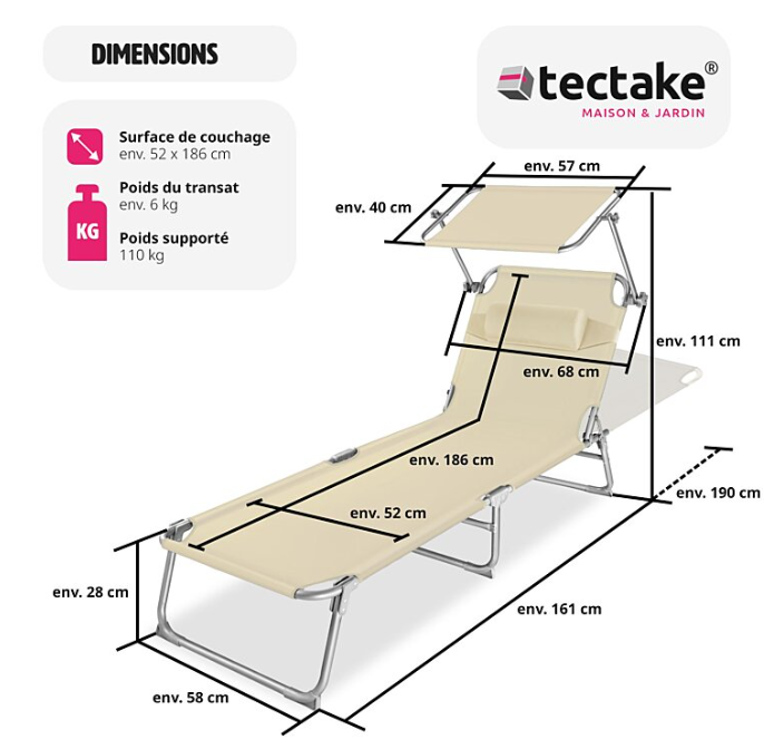 Chaise longue TECTAKE Transat en acier Pliable réglable, dossier à 4 positions avec oreiller- beige - 68 x 190 x 28 cm