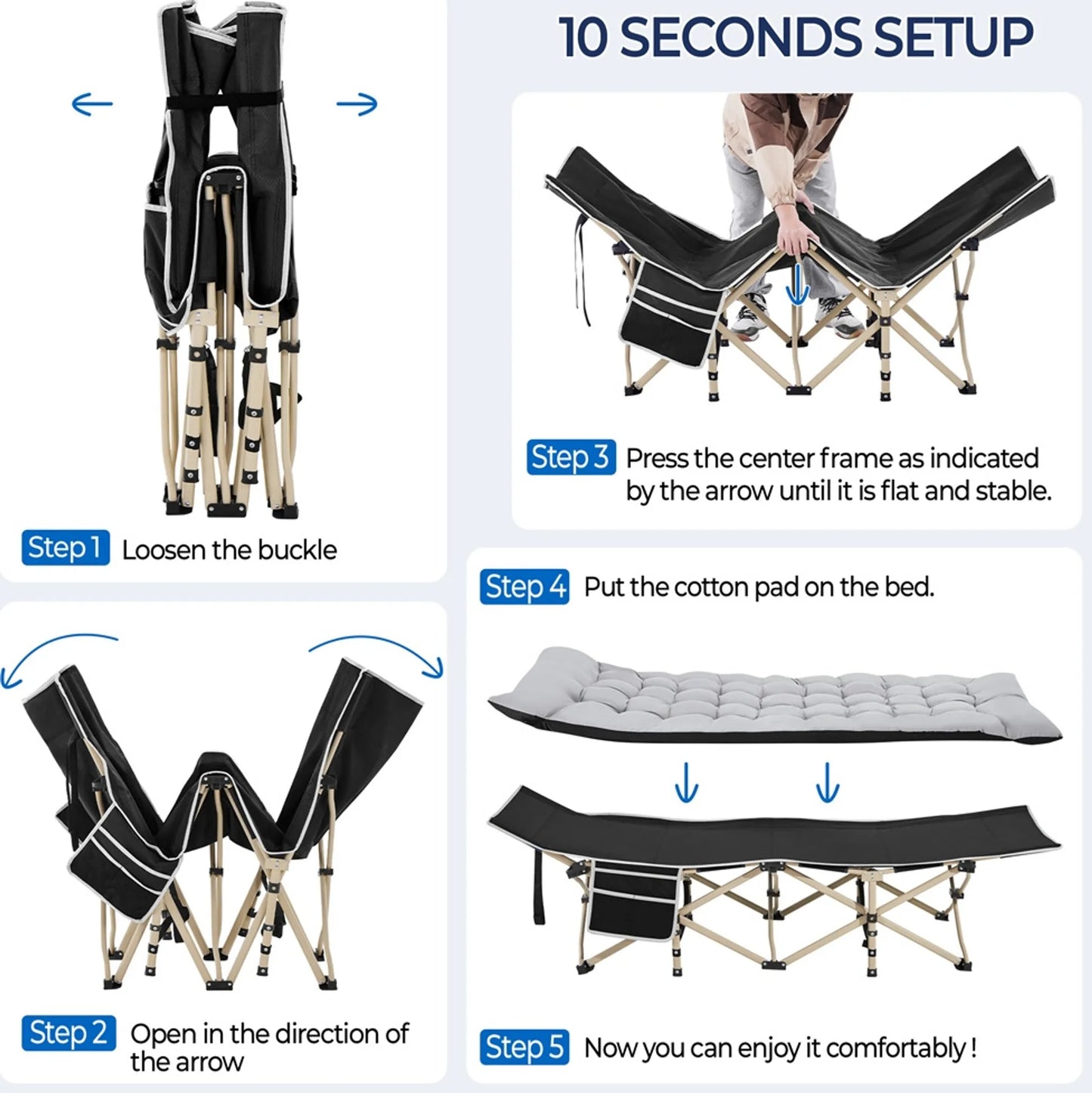 Yaheetech Camping Bed Foldable - Equipé d'un matelas confortable et d'un sac de transport pratique et de compartiments latéraux - Pour le camping et les chambres d'hôtes - Métal noir et tissu 600D Oxford - 191 x 67 x 56 cm