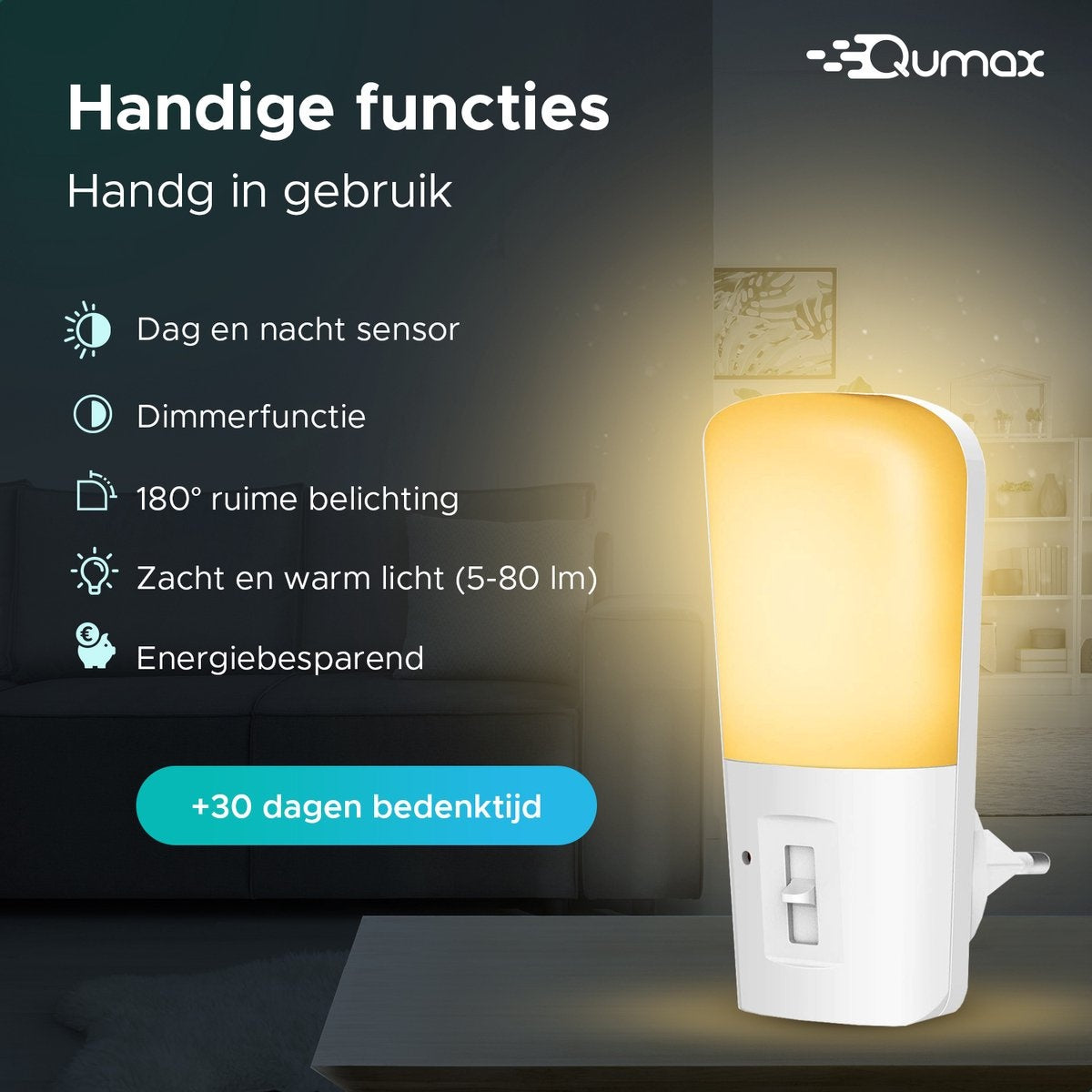 Qumax LED Night Light Socket 2 pcs - Veilleuse dimmable avec capteur - Veilleuse de chambre de bébé - Capteur jour et nuit - Enfants et bébés - Blanc