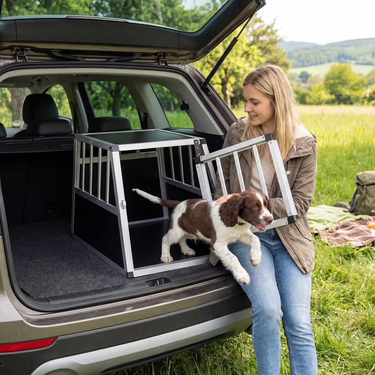 Cage de transport pour animaux Coast - porte verrouillable - cloison amovible - aluminium - 69,5 x 54 x 50,5 cm - argent et noir