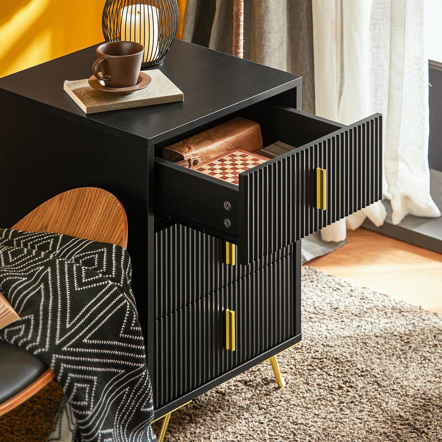 SoBuy Sideboard - Table de nuit avec 3 tiroirs coulissants - Max. 33KG - 40 x 40 x 63 cm - Noir/Doré