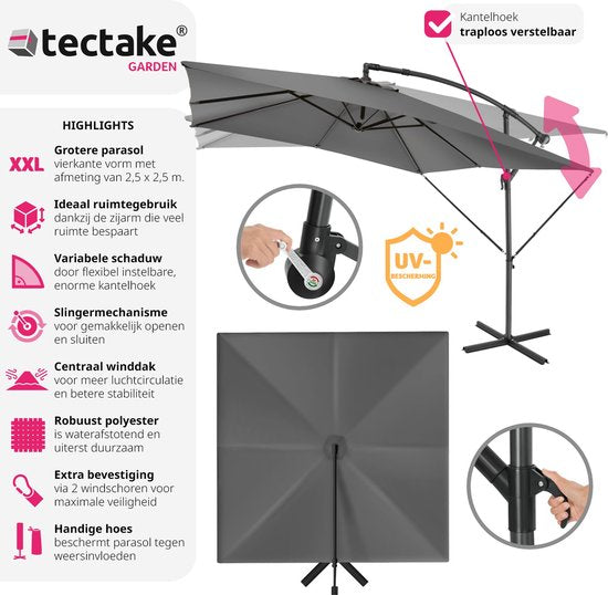 tectake® - Parasol Apollon square 250 x 250 cm - Avec protection contre le vent et housse de protection - gris