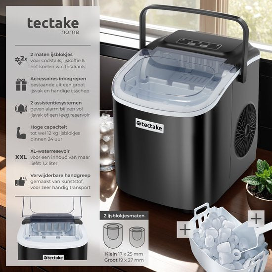 tectake® Machine à glaçons Arctic - 1.2L - 2 tailles de glaçons - Machine à glaçons - Machine à glaçons avec pelle à glaçons - Noir