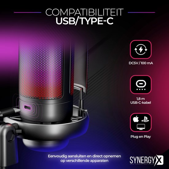 SynergyX SonicFlex Pro Microphone - Microphone de jeu USB avec bras - PC Gaming - Convient pour PC/PS4/PS5 - RGB - Podcast - Gaming - Streaming - Noir