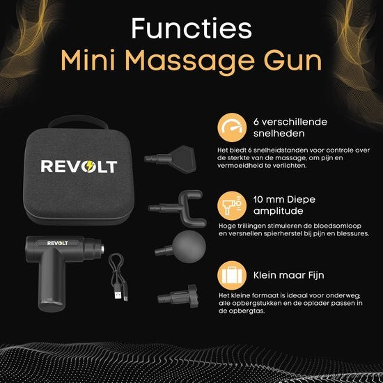 Revolt - Mini pistolet de massage - 5 accessoires inclus - Adaptateur inclus - 6 réglages de vitesse - Récupération et relaxation musculaire