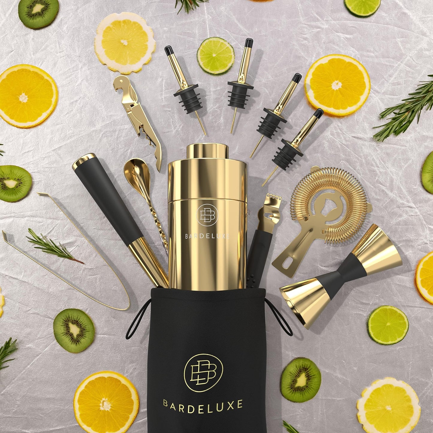 Set à cocktails BarDeluxe® - Set de barman 12 pièces avec shaker en acier inoxydable de 750 ml - doré - livret de recettes et pochette de rangement inclus