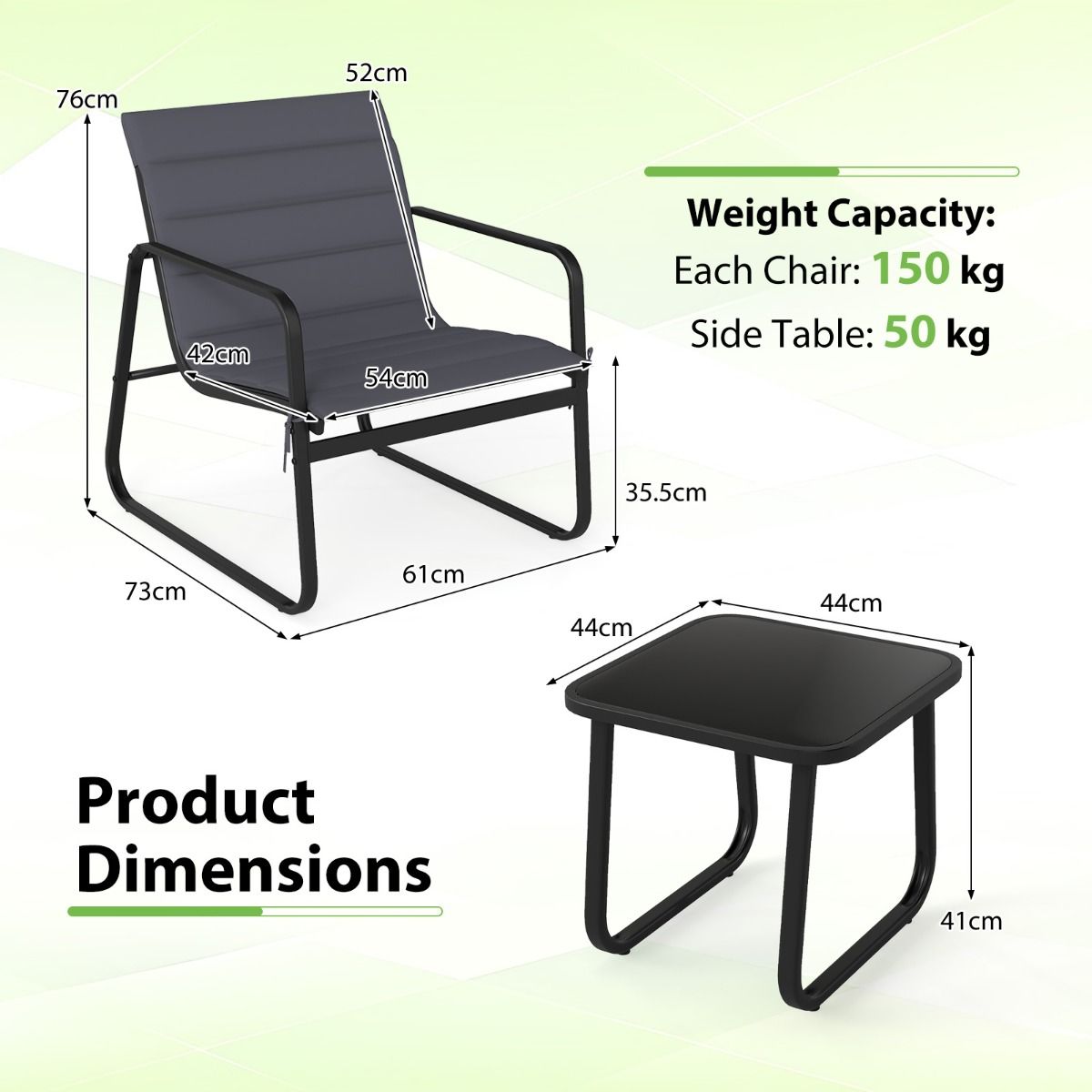 Ensemble de jardin Coast 3 pièces - chaises d'extérieur avec coussins amovibles - table d'appoint en verre trempé - gris et noir