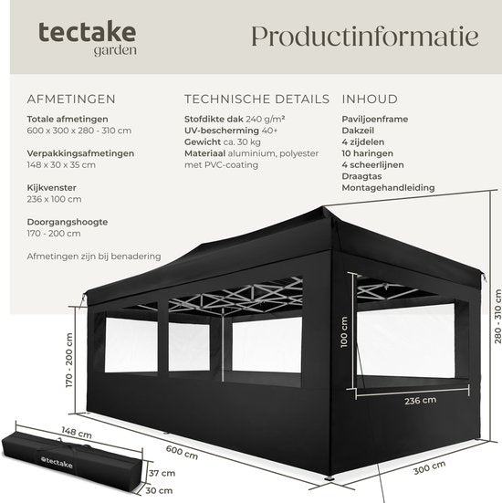 Pavillon pliable tectake® - Pliable et imperméable - Pavillon de jardin avec 4 panneaux latéraux - S'accompagne de piquets, de cordes de tension et d'un sac de rangement - Auvent de terrasse, tente de fête - 6 x 3 m - Noir
