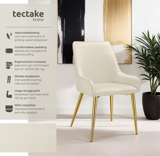 tectake® Chaise de salle à manger Avane - Aspect velours - Chaise ergonomique rembourrée avec pieds en acier doré - Capacité 120 kg - Chaise de salle à manger et de cuisine moderne - Lot de 2 - Beige