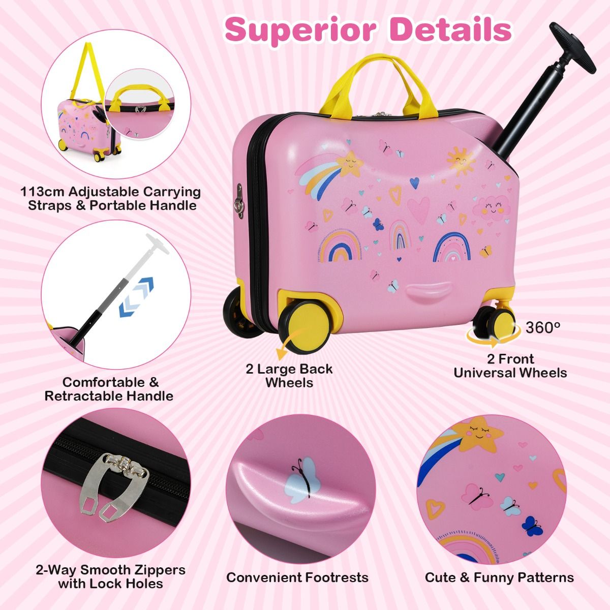 Ensemble valise et sac à dos pour enfant Coast - valise-siège avec motif d'abeilles - poignée réglable - rose