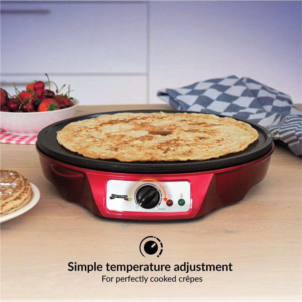 Crêpière Gadgy, Thermostat réglable, Ø30CM, 1000W, Spatule et diviseur de pâte, Rouge