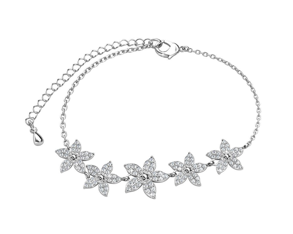 Yolora Ladies Floral Bracelet with Kalpa Camaka Crystals - Silver - 18K White Gold Plated - Gift Box - Mother's Day Gift