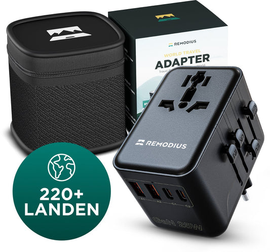 Remodius World Plug - Adaptateur de voyage universel pour plus de 220 pays - 2x USB-C & 2x USB-A - Chargeur rapide - Type A/B/C/D/E/F/G/I/J/L/N - Compact et résistant aux bagages à main