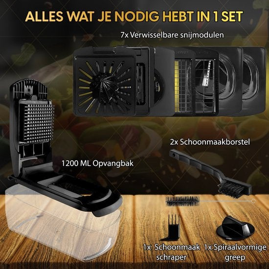 Toivo Kitchen Vegetable slicer - Multifunctional - Black - 11 in 1 Kitchen mandolin - Manual - Kitchen slicer - Onion slicer - Spiral slicer - Chips slicer - Grater