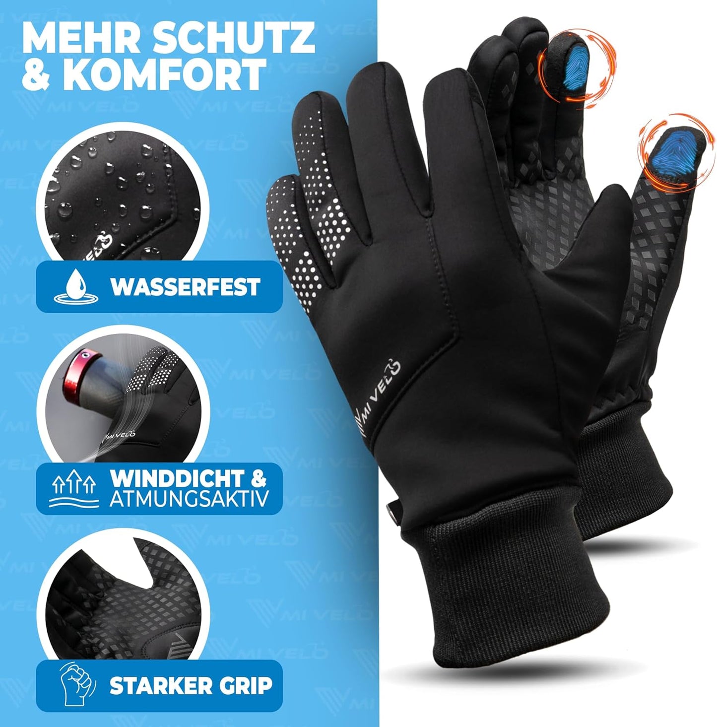 MIVELO Gants de cyclisme VELORIDER - Coupe-vent et imperméable - Fonctionne avec les écrans tactiles - Noir - Taille XL