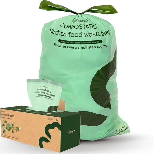 Deleca 30 Liter Refuse Bags (30 pcs) - Sacs poubelles GFT biodégradables - Distributeur inclus - Pour poubelle à pédale et poubelle de tri - 51x72 cm / 100% Compostable Bio Bags