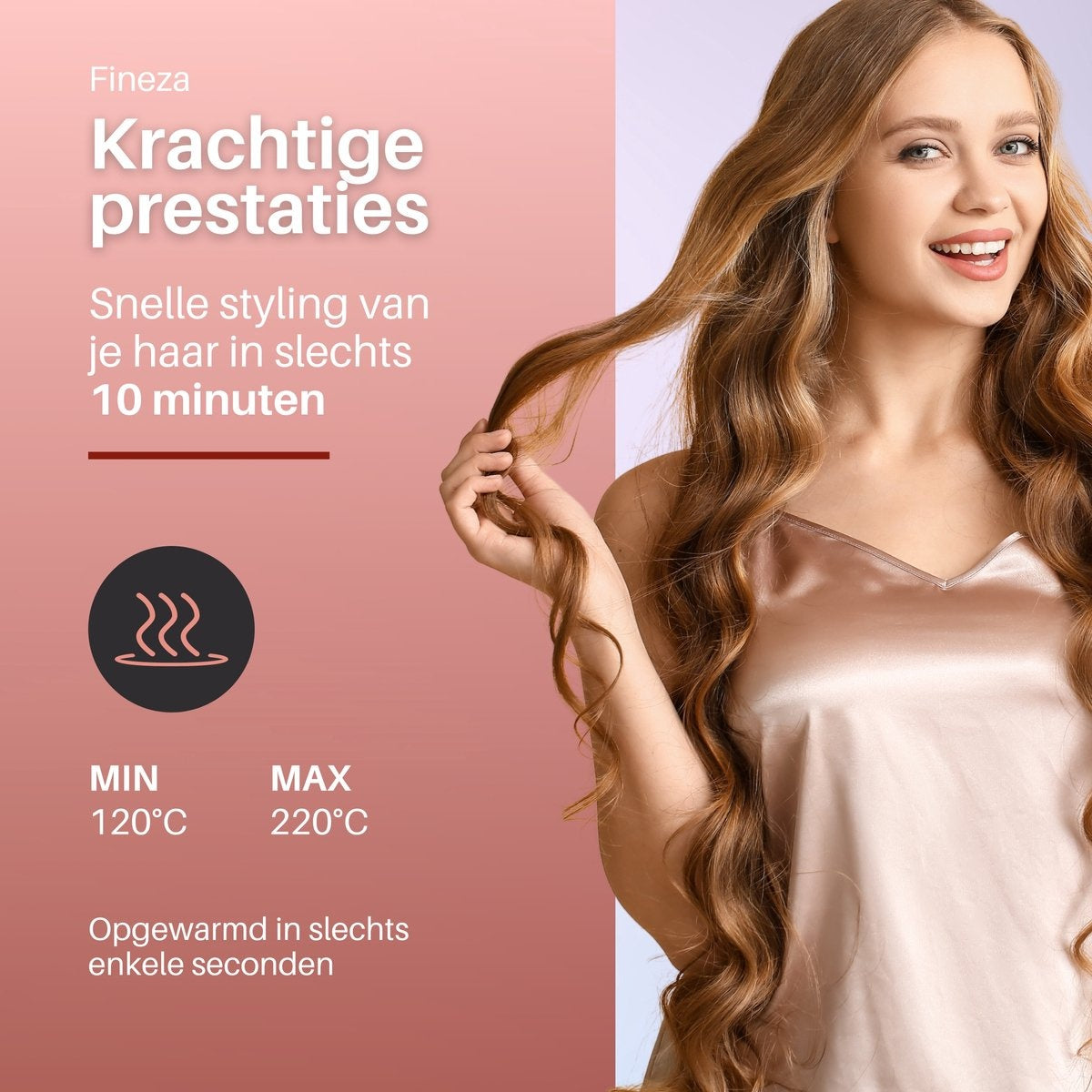 Fineza Pince à gaufres 25mm - Boucleur de cheveux en céramique avec 10 réglages de température - Or rose