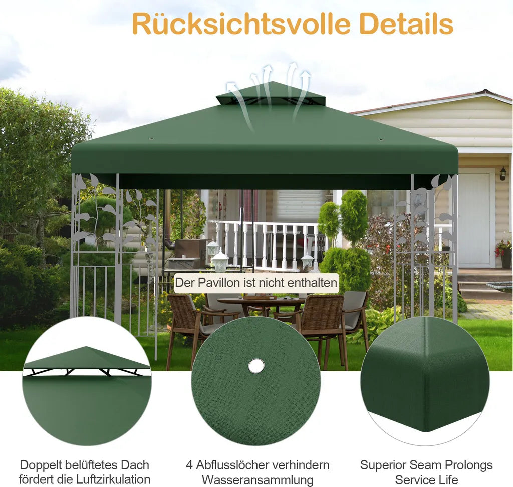 Coast Double Toit de Remplacement pour Pavillon - 3 x 3 m avec trous de drainage et velcro - Vert Foncé