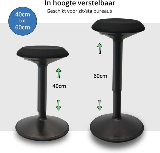 Backerz® Wiebelkruk Zwart | Hoogte 40-60cm | Balanskruk | Zit-sta kruk | Ergonomische bureaustoel | zadelkruk