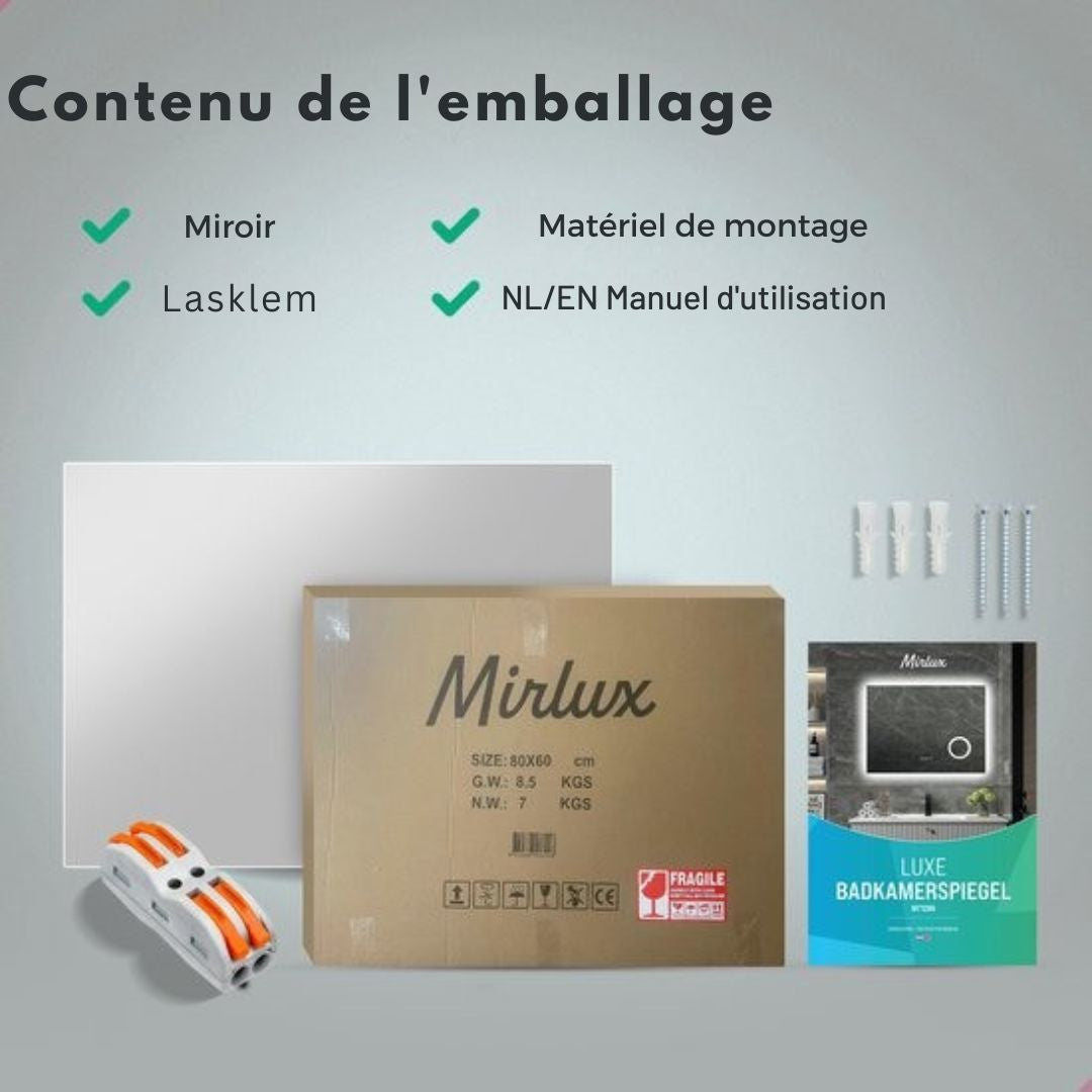 Miroir de salle de bain - Mirlux  - avec éclairage LED et chauffage - rectangulaire - anti-condensation - 80x60CM