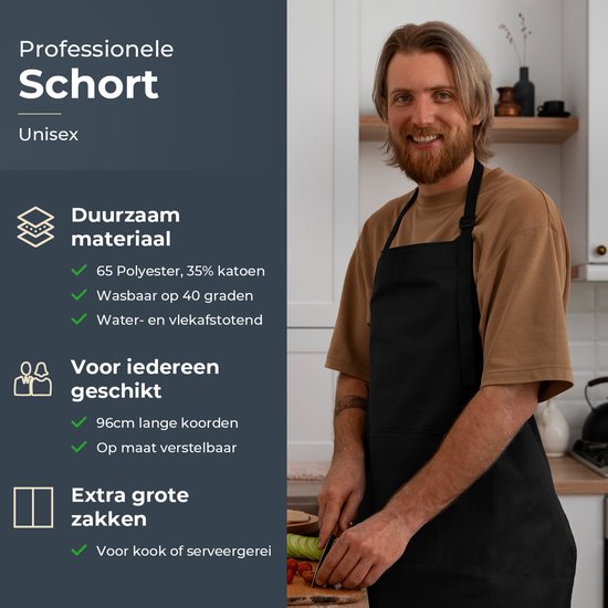 Tablier de cuisine - Résistant à l'eau et à la saleté - Tablier de cuisine professionnel - Tablier pour femmes et hommes - Tablier de traiteur - Unisexe - Boucle réglable - Compartiments extra-larges - Noir