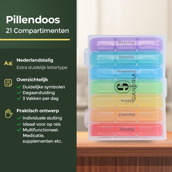 Pilulier Gandria 7 jours - Pilulier amovible - Boîte à médicaments avec 21 compartiments - Boîte à médicaments avec fermeture solide - 3 compartiments par jour - 7 couleurs