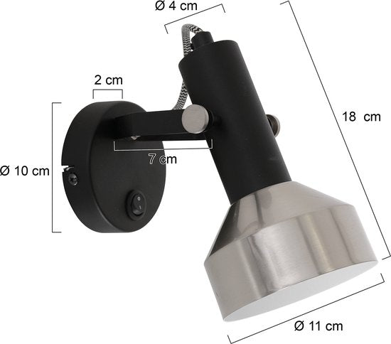 Applique murale Spot Acier 3337ZW noire, douille E27, orientable et inclinable, métal, Mexlite