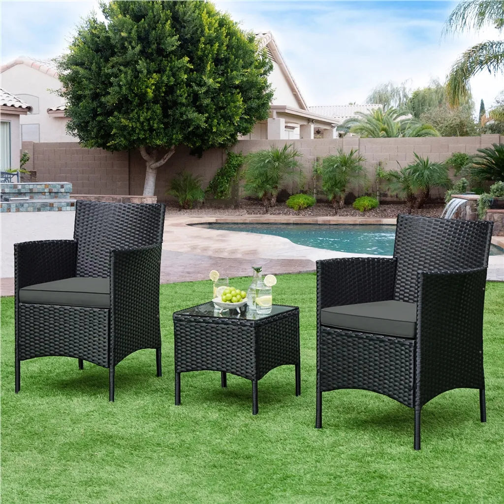 Yaheetech Garden Set 3-Piece - Rattan - Balcony Set - Chairs - Table Black/Grey