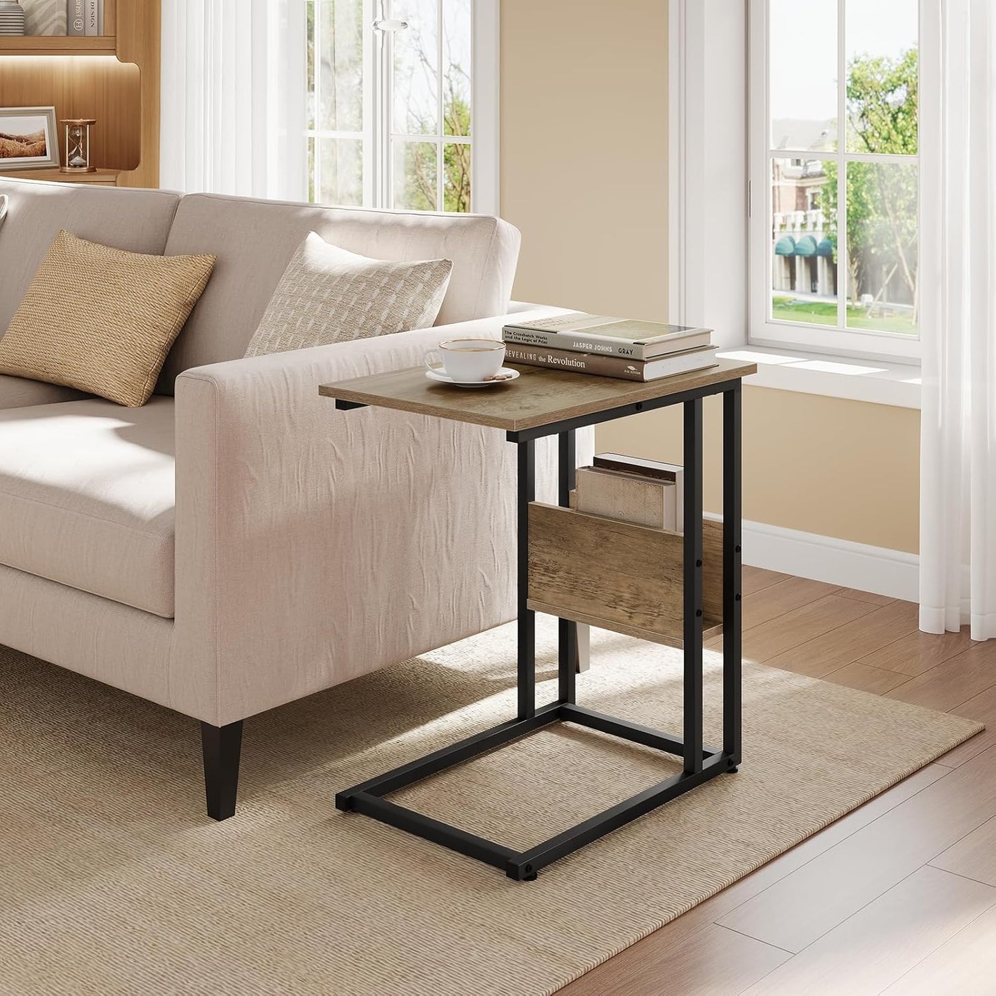 Table d'appoint Woltu en forme de C avec étagère de rangement - Aspect bois gris - Métal - 55 x 36 x 59,5 cm