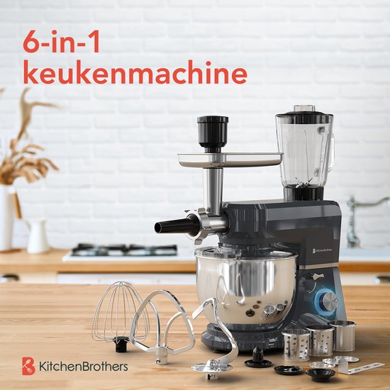 KitchenBrothers Kitchen Robot - Robot de cuisine 6-en-1 - 1500W - Avec hachoir, blender et 15 accessoires - Bol en acier inoxydable de 6,2L - Anthracite