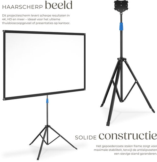 Écran de projection tectake® - 80 pouces - Écran de projection 16:9 avec trépied - 4K HD - Enroulable - Extensible - Toile de projection - Écran de présentation - Sac de transport inclus