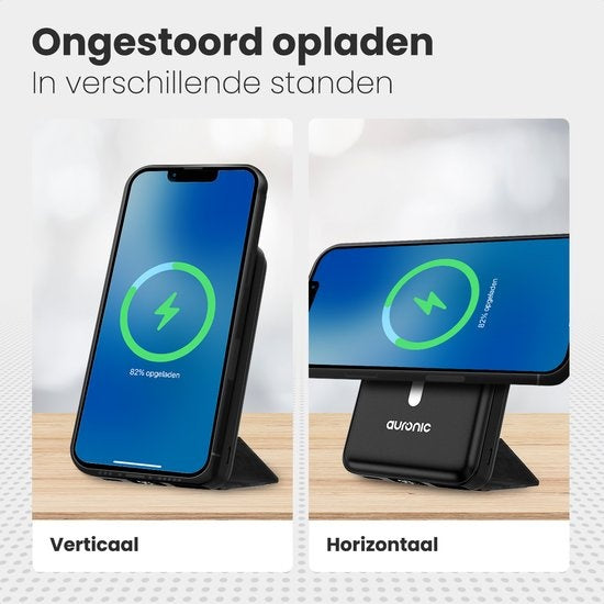Auronic Powerbank - 10 000 mAh - 22,5W - Chargeur rapide pour iPhone 12/13/14/15 - Chargement magnétique et sans fil - Noir