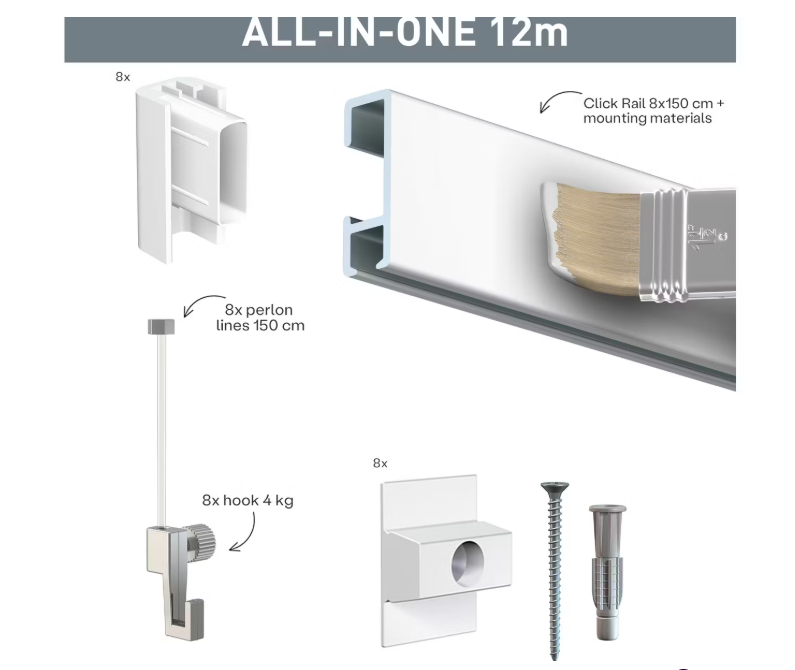 Système d'accrochage pour photos et tableaux Artiteq Click Rail - 12 mètres de rails - 8 x 150 cm - Apprêt blanc - Fils en Perlon et crochets inclus - Système de fixation murale